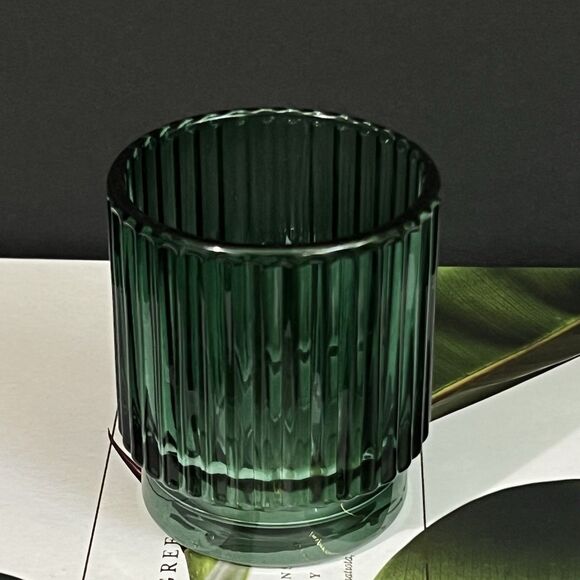 Ribbed Glass Votive Candle Holder Emerald Green Round Holiday Wedding Decor - Picture 4 of 17